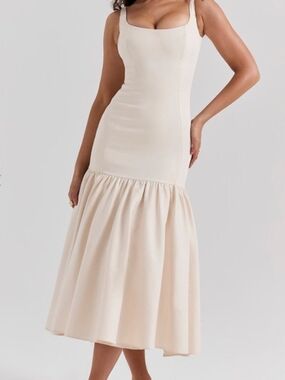 House of CB Cream Square-Neck Midi Dress with Flounced Skirt